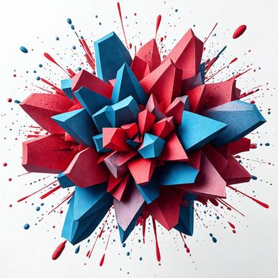 The primary subject of the image is a colorful, abstract artwork featuring a combination of red, blue, and pink colors. The artwork is displayed on a white background, which emphasizes the vibrant colors and patterns. The visual style of the image is a mix of digital art and illustration, creating a unique and eye-catching design. The dominant colors and overall atmosphere of the image are energetic, lively, and creative, making it an engaging and captivating piece of art.
